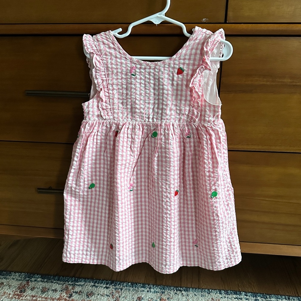 Baby Boden, Pink Gingham Dress with Embroidered Fruit, 2-3T, perfect condition